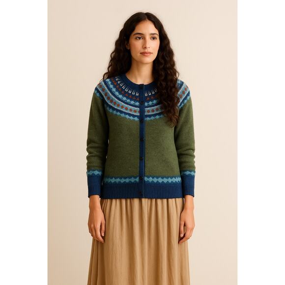 Novica 100% Alpaca Fair Isle Cardigan Sweater Green Blue XXL Cottagecore Peru - Picture 1 of 7
